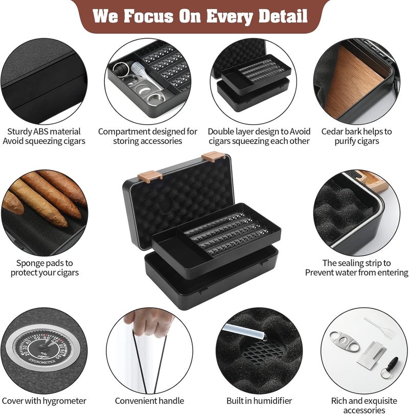 PLAYWITH Travel Cigar Humidor Box Case Double layer design with Cigar Accessories Hygrometer&Spanish Cedar &Humidifier &Cigar Cutter & Stand &Cigar Punch CutterHold 8-10 Count - Waterproof Case, Crushproof, Airtight Seal Portable Separate storage space for accessories - Image 2